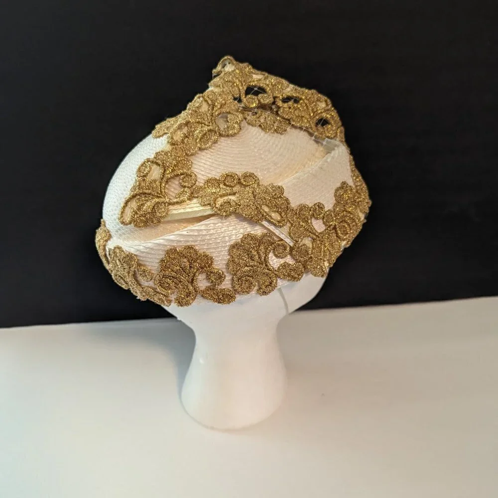 Vintage 50s 60s Round Gold Hat Madmen‎ Church Evening Cocktail Party Embellished - Picture 7 of 8